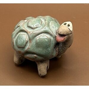 Vintage USA Signed Stoneware Pottery Silly Turtle Figurine Glazed